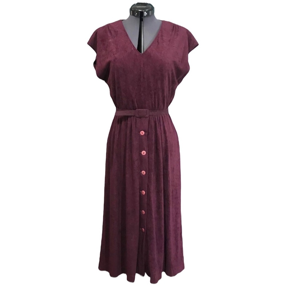Vintage 1970s Felt belted Dress purple 70s knee pinup XS S 2 4 velvet retro belt
